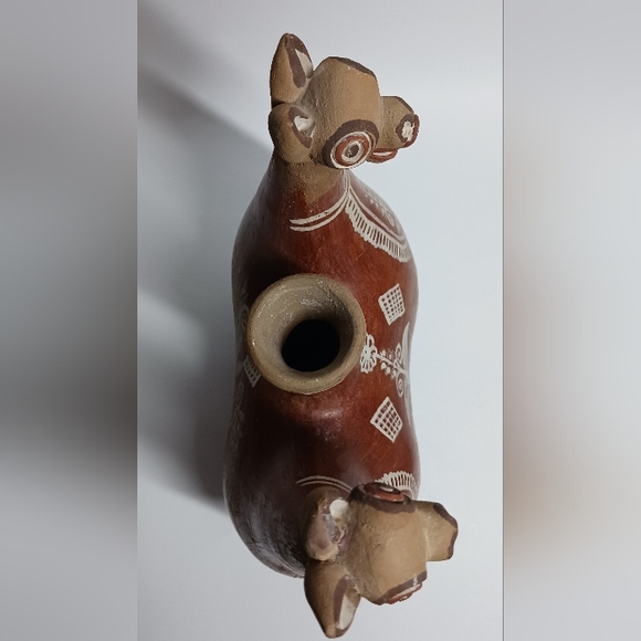 2 Headed Llama Alpaca Pottery Art Drinking Vessel Canteen Handmade Handpainted - Picture 3 of 6